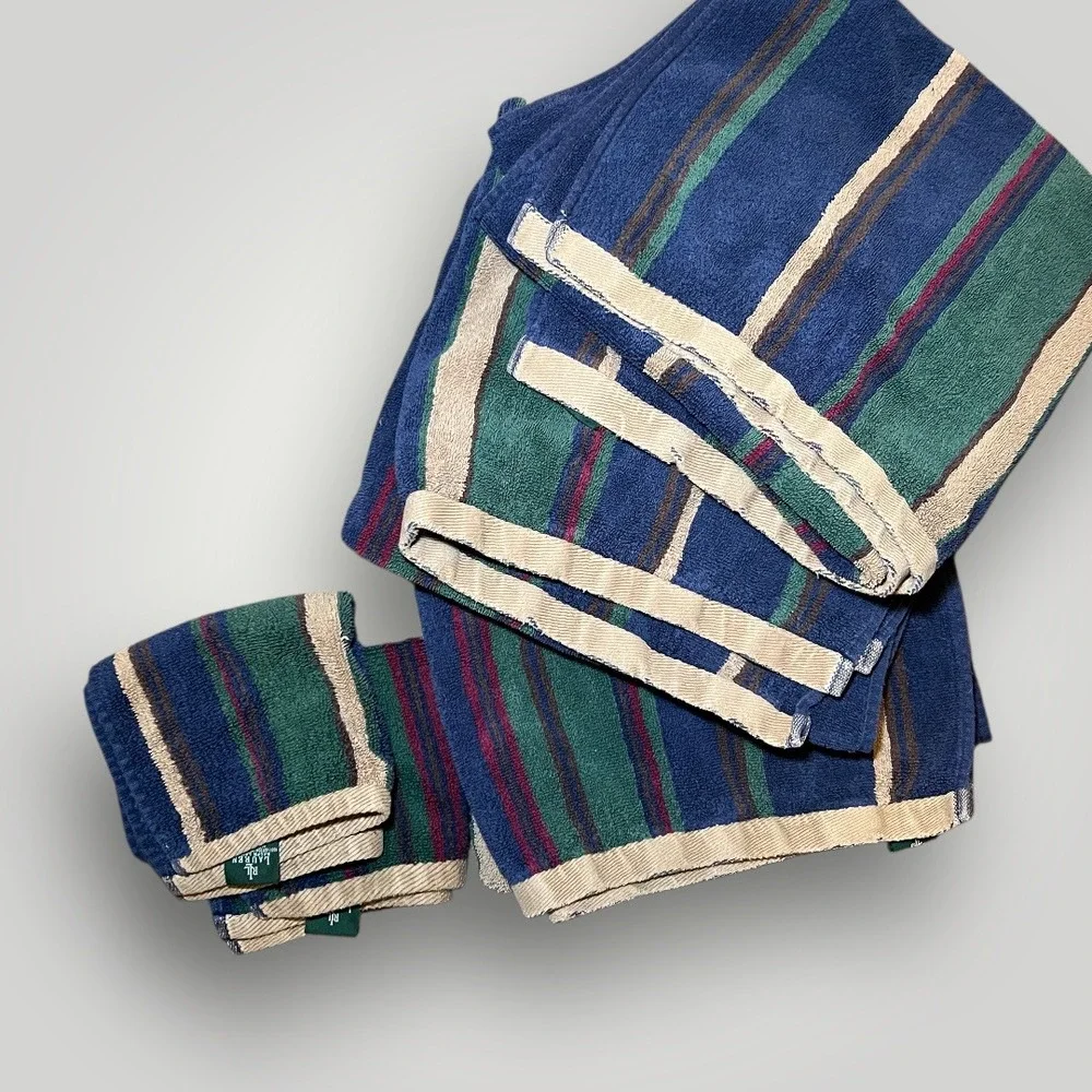 VTG 5 piece Lauren Ralph Lauren Towels Striped Cotton Terry Bath Set Navy Green